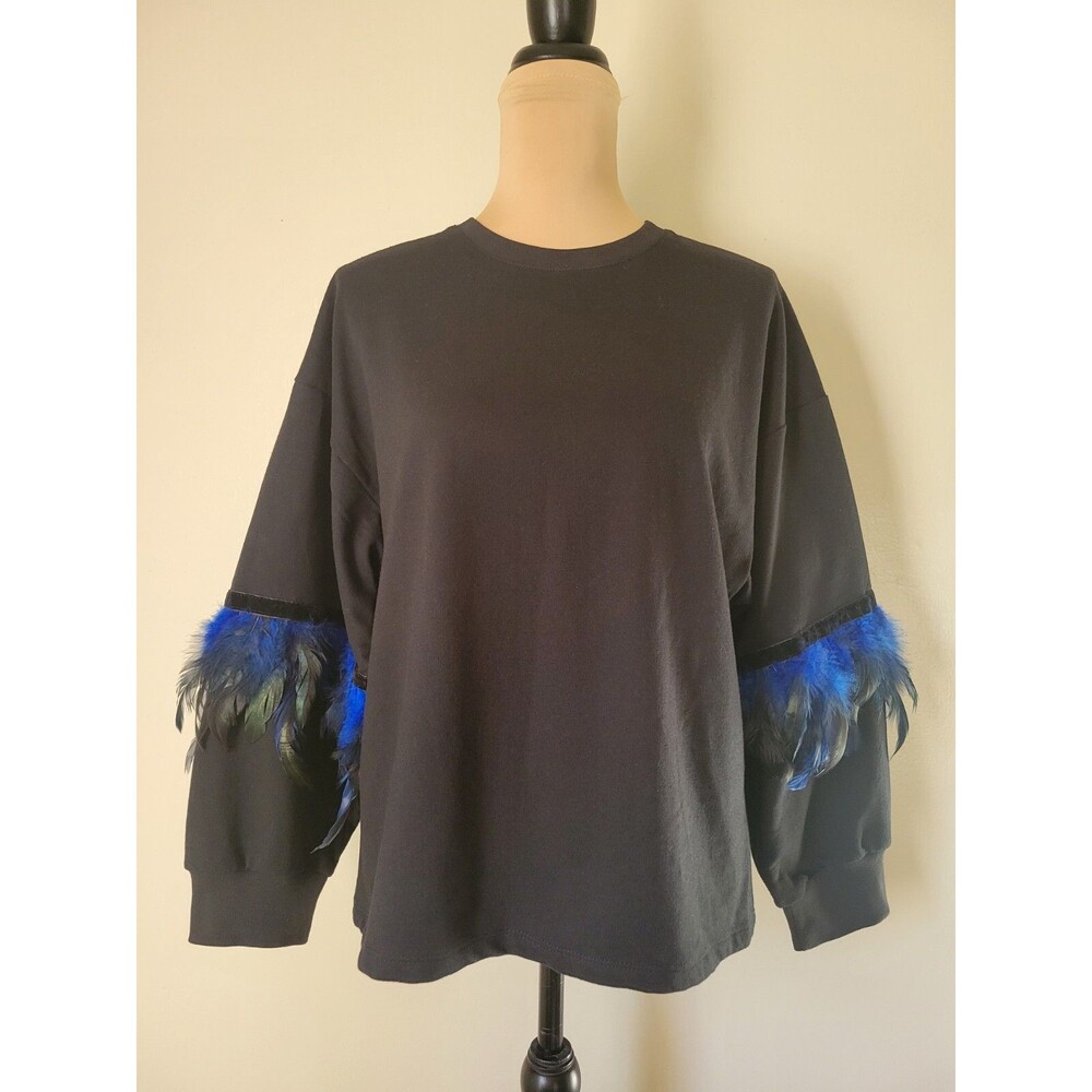 S ZARA 'Trafaluc' Black Oversized Blue/Black Feathered Pullover size Small